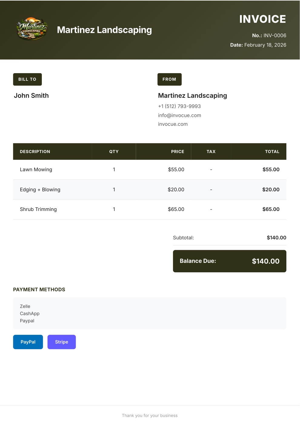 Example invoice PDF created with InvoCue